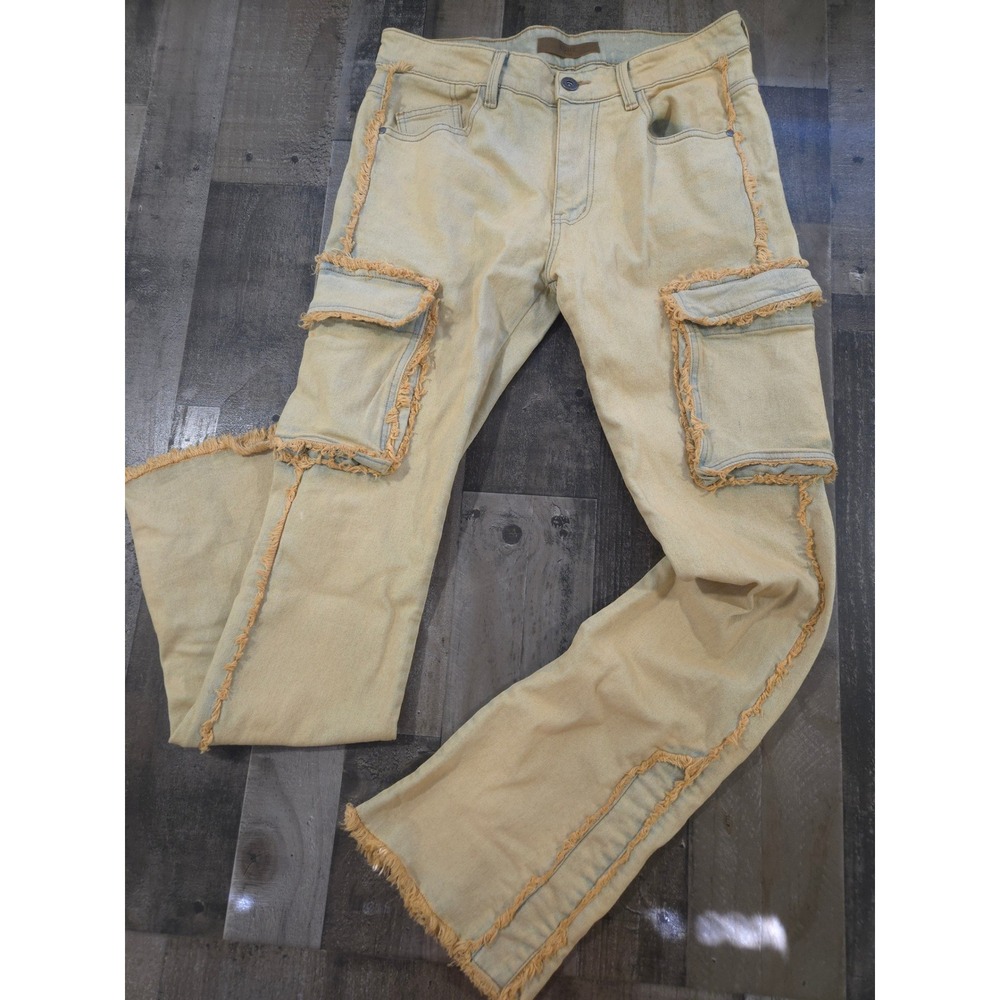 KDNK Men's Raw Cargo Flare Jeans Tinted Distressed Frayed Edge Streetwear Y2K 34
